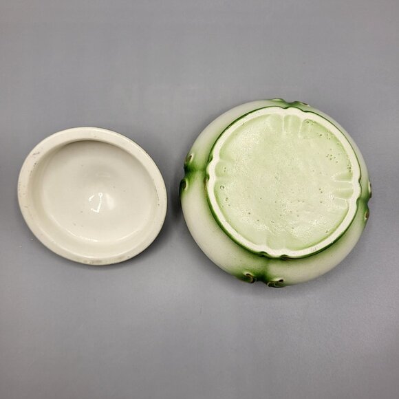 Vintage Ceramic Lidded Pot Jar Flower Frog Emerald Green Gold Accents Home Decor - Picture 7 of 11